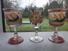 lot 3x verres à pied ancien verre soufflé très lourd décor peint main bateau