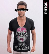 Pistol Boutique Homme Noir Ajusté Col V Profond Graffiti Soleil Fille T-Shirt