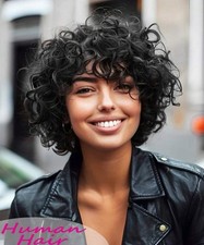 Perruque Naturelle Féminine Coupe Courte Noir Cheveux Humains Bouclés +4 Bonnets