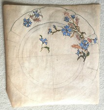 Ancien Patron Dessin Assiette Bleuets Barbeaux Modèle Peinture Porcelaine       