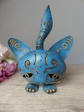 Vintage amusant photophore forme de chat en métal bleu et doré