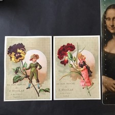 2 Grands Chromos Au Bon Marché Pensée Oeillet Personnages Oblaten Scraps