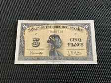 AFRIQUE OCCIDENTALE  FRANÇAISE: 5 Francs 14/12/1942, Pick 28, SUP+/XF+ 🌐