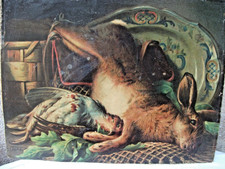 Nature morte au lapin chromolithographie signée G. Falchetti 41 X 31 cm