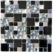 Mosaïque carreau combinaison inox verre cristal noir bain 88-03689_f |10 plaques