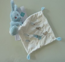 i9 - DOUDOU TEX BABY LAPIN BLEU avec MOUCHOIR BLANC PLUME NEUF AVEC ETIQUETTE  
