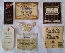 Lot de 6 étiquettes d'Eau de Vie, décollées des bouteilles, TB.