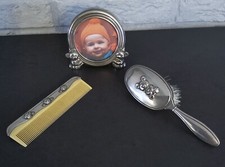 Coffret Naissance Vintage Peigne Brosse Cadre En Métal Argenté