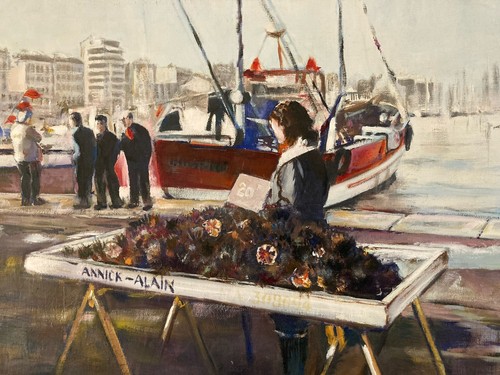 Peinture paysage port - port, oursin