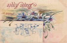 CP EPAISSE ILLUSTREE CADRE OISEAU SOURIS HUMANISES CHAISE A PORTEUR FLEURS 55904