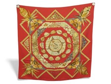FOULARD HERMES ROCAILLE PLISSE EN SOIE ROUGE & DOREE CARRE 90 SILK SCARF 530€