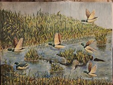 ANCIENNE Tableau , Canards au dessu du lac. Aquarelle. Signé.