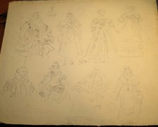 Ecole FRANCAISE XIX DESSIN CRAYON COSTUMES THEATRE NEO RENAISSANCE HOMMES FEMMES