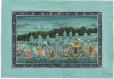 Main Fabriqué Peinture Miniature De Moghol King Procession Art On Soie Vêtements