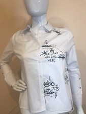 New BOTTON DOWN PRINT FANCY BLOUSE SHIRT 100%Cotton White/Black Graffiti Signs