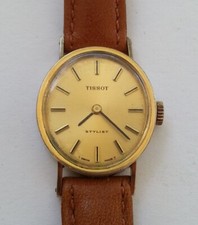 Belle MONTRE FEMME TISSOT STYLIST vintage PLAQUE OR bracelet CUIR fonctionne