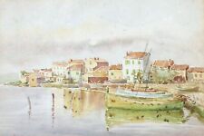 Aquarelle dessin tableau paysage pinasses vue Bassin ARCACHON Henri d'HAUTERIVE