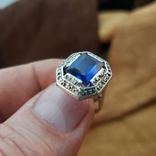 Belle bague cocktail ancienne Argent massif Bleue Entourage marcassites
