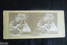 STB049 Groupe attablé table jardin albumen vintage ancien photo STEREO amateur