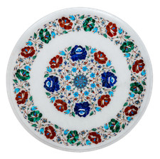 18 " Rond Marbre Centre Café Table Top Lapis Incrustation Handmade Travail