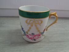 TASSE EN PORCELAINE SINGER LIMOGES PEINT MAIN DECOR FLORAL ET NOEUD LISERE DORE