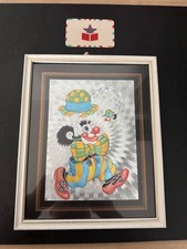 Charmant tableau vintage encadré représentant un clown de cirque coloré