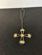 Collier cuir noir orné croix occitane 5 cabochons irisé en cristal Lalique