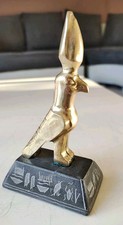 Figurine Égyptienne Dieu Faucon Horus en laiton. Socle Pierre Hyéoglyphes 13,5cm