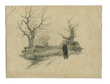 Intéressante scène pastorale  - Bergère et moutons -  Dessin original ancien