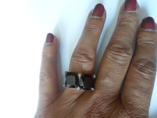 bague en argent massif, vermeil, duo de quartz fumé facetté, zirconiums, t. 56