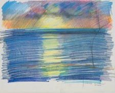 Camille HILAIRE : Le soir sur la mer - Pastel sur papier signé et dédicacé