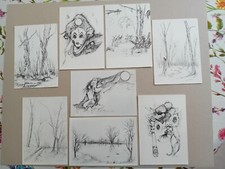 AS - Lot 8 cartes postales dessins à la plume de Monique Augeix - non écrites
