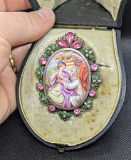 ANCIEN BIJOU BROCHE ARGENT DECOR PIERRE PEINTURE PORTRAIT MINIATURE - 19ème