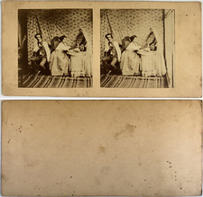 Homme et femme à sa coiffeuse, Vintage albumen print, ca.1870, Stéréo  Tirage vi