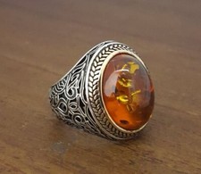 Bague chevalière pour homme en argent massif 925 pierre précieuse ambre jaune...