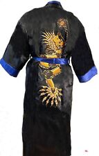 Joli Peignoir Kimono nuisette Bleu Noir Réversible brodé dragon  Femme/ Homme