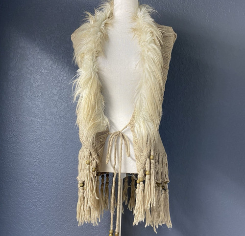Y2k beige fur beaded fringe - fur,