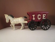 Vintage Cast Iron White Horse Drawn Ice Wagon Toy