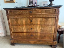 Grande commode ancienne en ronce de noyer 4 tiroirs- dessus en marbre 