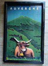 Tableau Décoration Mural Montagnes d'Auvergne Et Boeuf En Relief / Vintage 