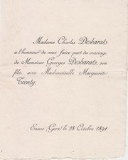 *1891 Faire-part mariage Georges DESBARATS & Marguerite TRENTY - Fumel - Eauze