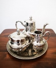 Vintage Très Joli Service Café / Thé en Argent Maroc Plateau Pot à Lait Sucrier