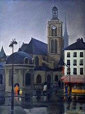 Tableau Huile sur Panneau (48 x 35,5) St Etienne du Mont sous la pluie Paris 5e