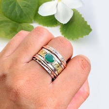 Bague toupie méditation en argent sterling 925 pierre précieuse onyx verte...