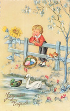 CP ILLUSTREE GLACEE DENTELEE PAQUES ENFANT BARRIERE CANARDS PANIER OEUFS - 59027