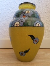 Verrerie de Leune vase Art déco fleurs stylisée verre émaillé à chaud