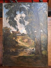 TABLEAU HUILE  SUR TOILE DE PAUL LECOMTE Rivière chemin vers ferme