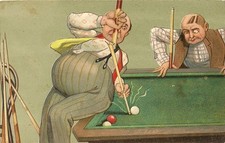 CARTE POSTALE FANTAISIE GAUFREE HUMOUR LE BILLARD UNE QUEUE CASSEE