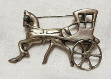 ANCIEN BIJOU BROCHE ARGENT STERLING CALÈCHE CHARRETTE CHEVAL TURQUOISE # D2
