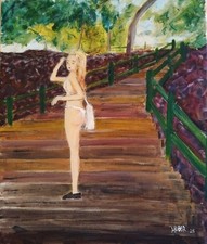 Peinture acrylique FEMME DÉVÉTUE MONTANT ESCALIER NATURE (2025) HUBER